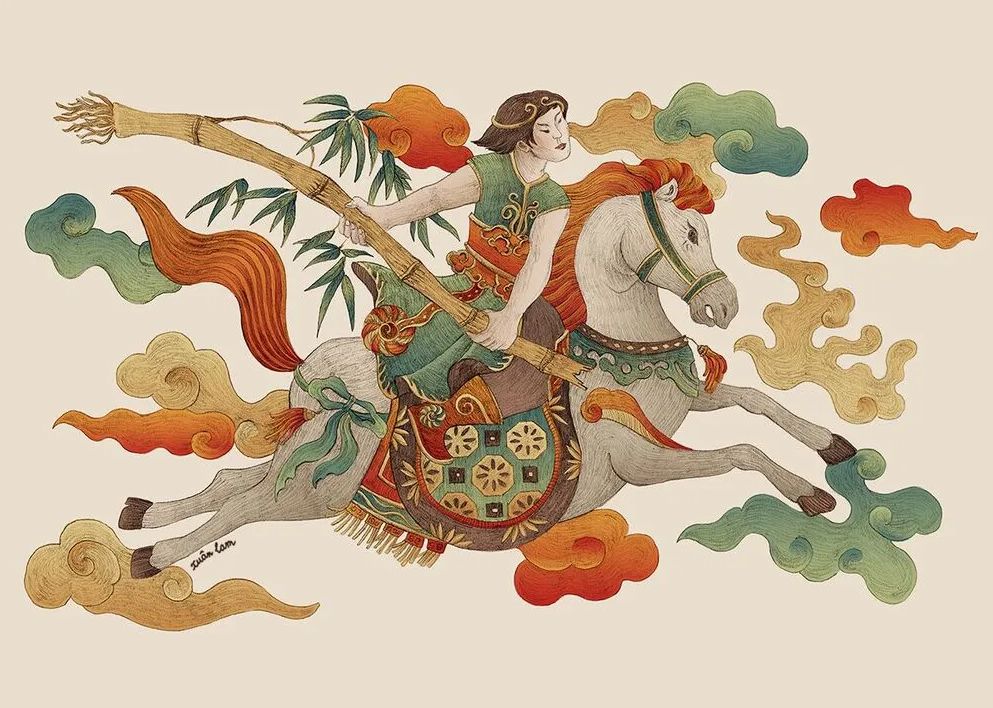 Tranh vẽ mô phỏng trận chiến chống quân ngoại xâm của Thánh Gióng.
