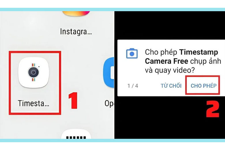 Màn hình cấp quyền truy cập cho ứng dụng Timestamp Camera Free trên Android.