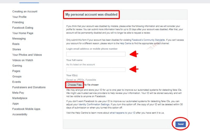 Ảnh minh họa quy trình gửi giấy tờ tùy thân để mở khóa tài khoản Facebook bị khóa