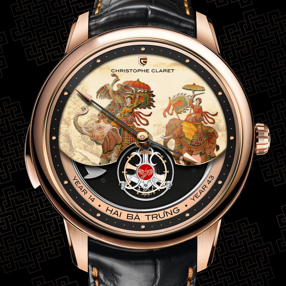 Đồng hồ Christophe Claret Legend Unique Piece Hai Bà Trưng với hình ảnh Hai Bà Trưng cỡi voi trên mặt số.