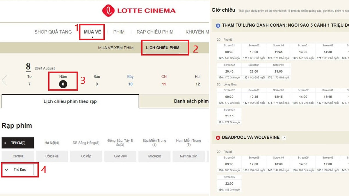 Giao diện website Lotte Cinema hướng dẫn cách tra cứu lịch chiếu phim theo rạp và ngày