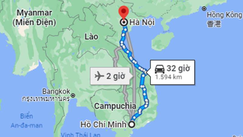 Bản đồ hiển thị khoảng cách đường bộ từ Sài Gòn đi Hà Nội khoảng 1.594km