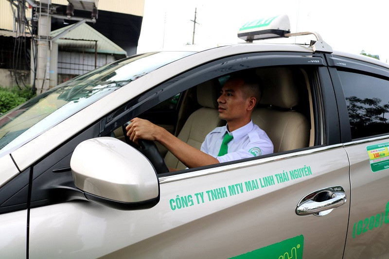Một hàng xe taxi màu xanh và trắng đậu trên đường ở Thái Nguyên, thể hiện dịch vụ taxi đa dạng