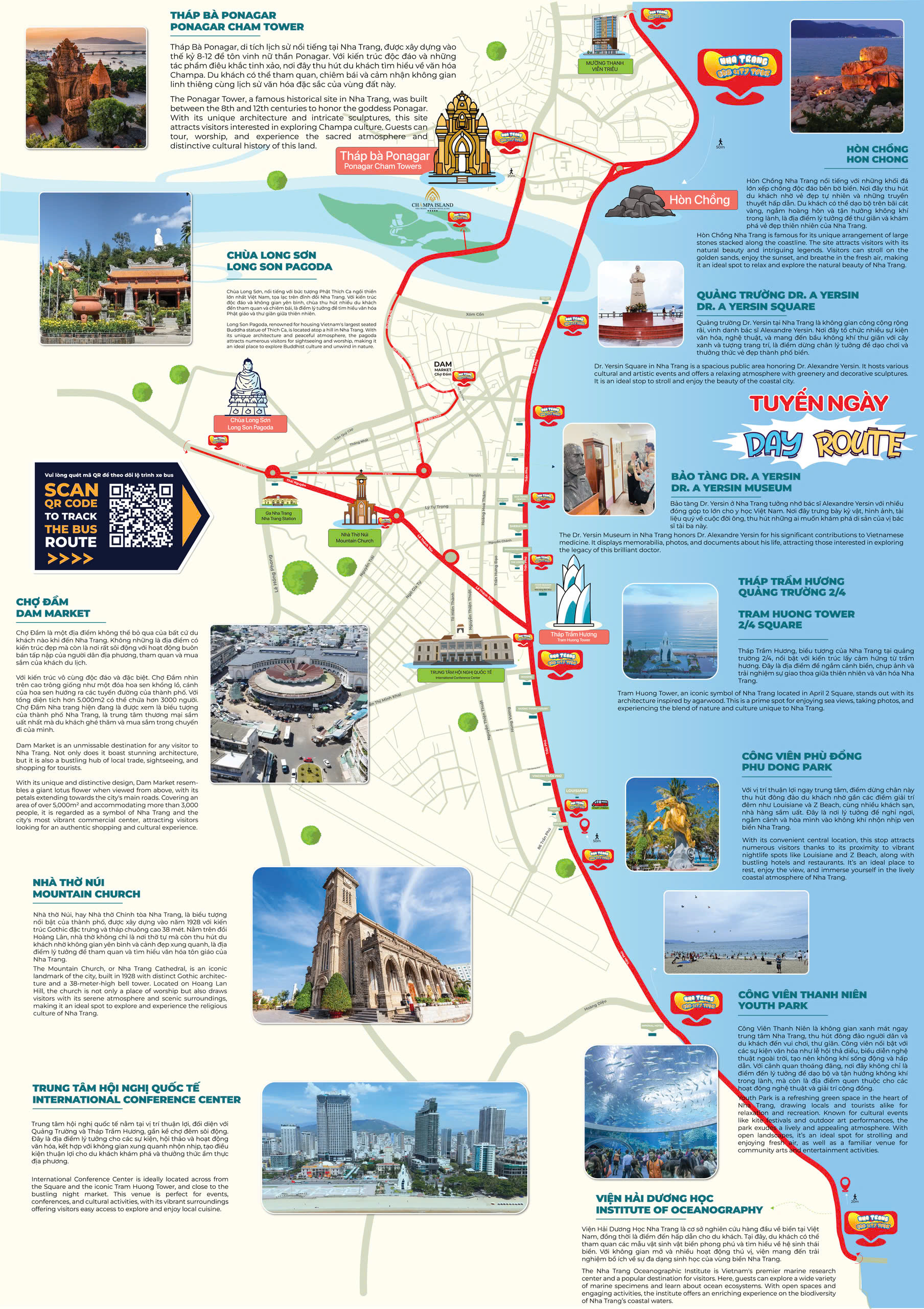 Bản đồ lộ trình chi tiết các điểm tham quan của City Tour Nha Trang bằng xe buýt