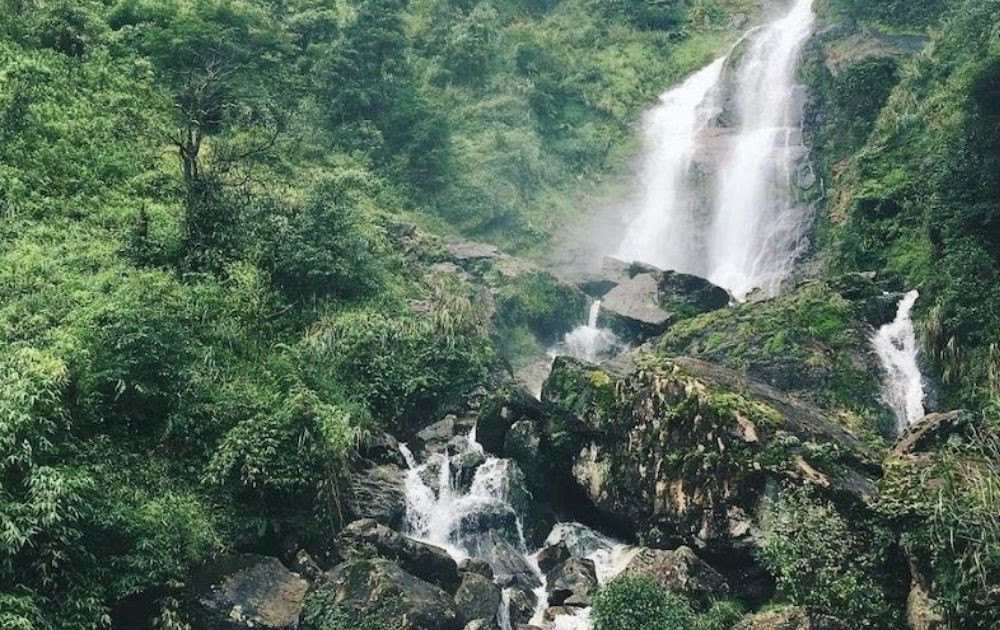 Dòng Thác Bạc đổ xuống giữa không gian núi rừng xanh mát, mang đến cảnh quan hùng vĩ và không khí trong lành tại Tam Đảo